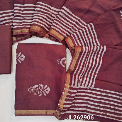 Dark maroon original wax batik chanderi silk cotton unstitched salwar material, gold tissue borders,(Lining Needed)cotton bottom, batik design on chanderi silk cotton dupatta. JL262906