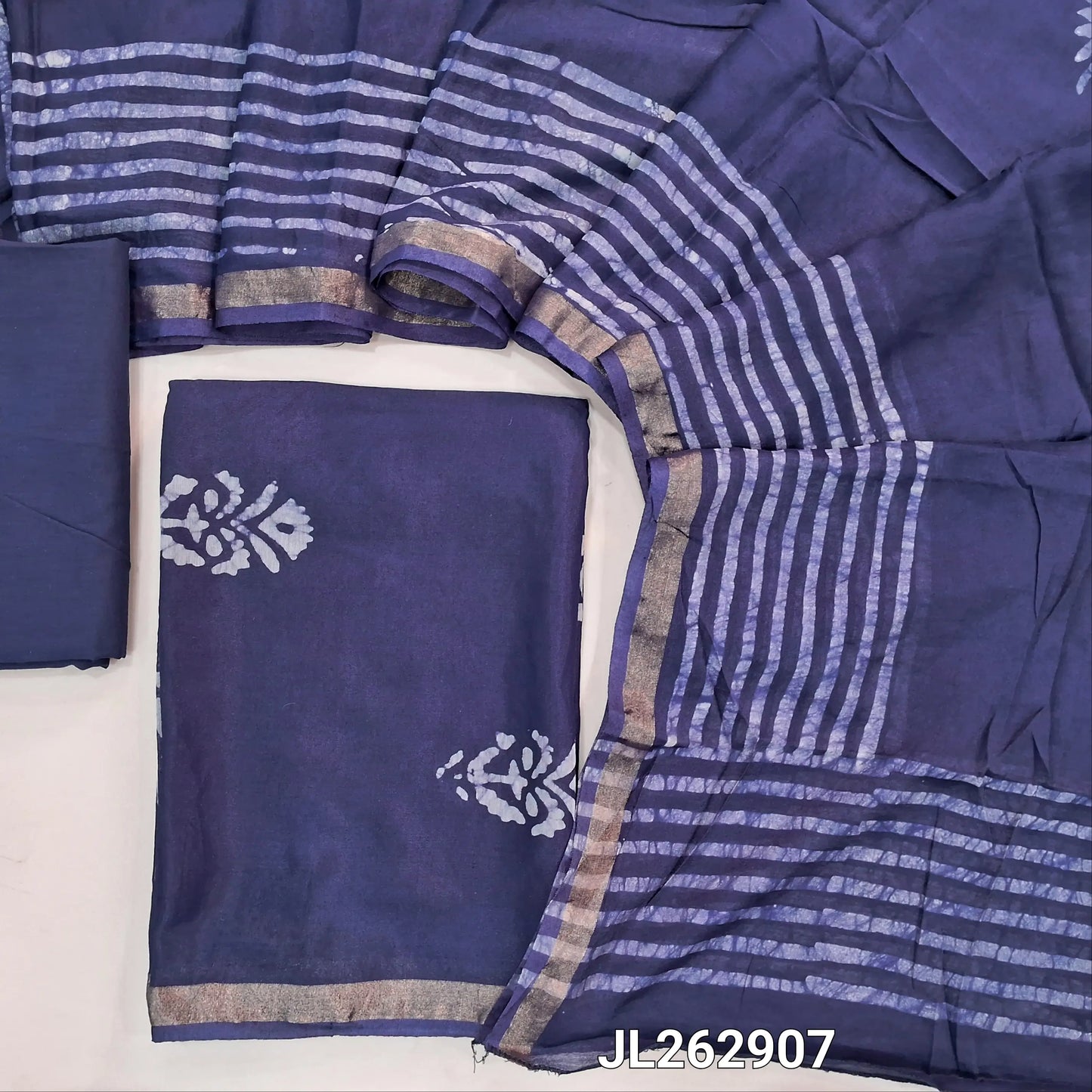 Dark blue original wax batik chanderi silk cotton unstitched salwar material, gold tissue borders,(Lining Needed)cotton bottom, batik design on chanderi silk cotton dupatta. JL262907