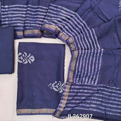 Dark blue original wax batik chanderi silk cotton unstitched salwar material, gold tissue borders,(Lining Needed)cotton bottom, batik design on chanderi silk cotton dupatta. JL262907