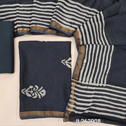 Black original wax batik chanderi silk cotton unstitched salwar material, gold tissue borders,(Lining Needed)cotton bottom, batik design on chanderi silk cotton dupatta. JL262908