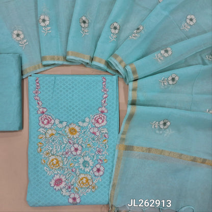Pastel blue jakard cotton unstitched salwar material,thread embroidery on yoke,self woven design all over, (lining needed) silky bottom, embroidery on mul chanderi dupatta with tissue borders(TAPPING NEEDED). JL262913