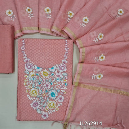 Peachish pink jakard cotton unstitched salwar material,thread embroidery on yoke,self woven design all over, (lining needed) silky bottom, embroidery on mul chanderi dupatta with tissue borders(TAPPING NEEDED). JL262914