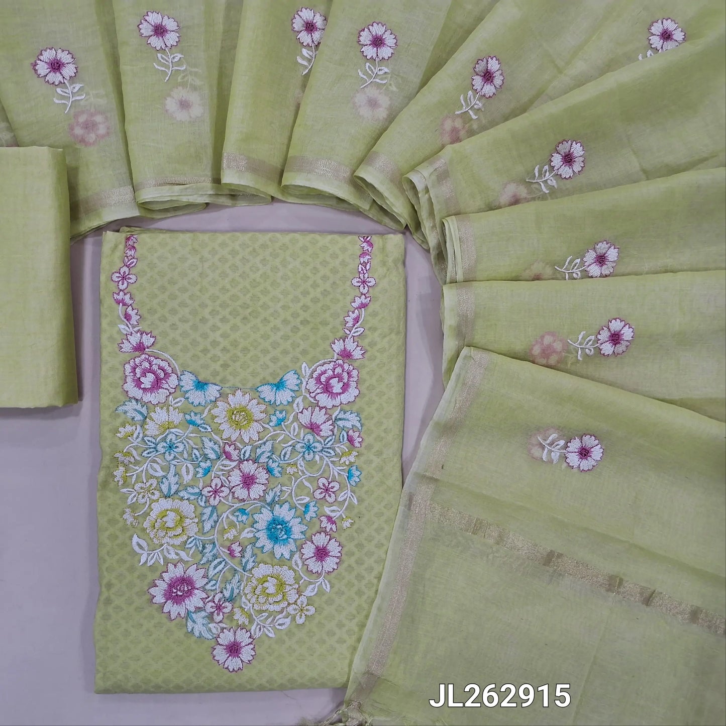 Pastel yellow jakard cotton unstitched salwar material,thread embroidery on yoke,self woven design all over, (lining needed) silky bottom, embroidery on mul chanderi dupatta with tissue borders(TAPPING NEEDED). JL262915