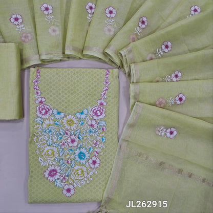 Pastel yellow jakard cotton unstitched salwar material,thread embroidery on yoke,self woven design all over, (lining needed) silky bottom, embroidery on mul chanderi dupatta with tissue borders(TAPPING NEEDED). JL262915