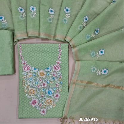 Pastel green jakard cotton unstitched salwar material,thread embroidery on yoke,self woven design all over, (lining needed) silky bottom, embroidery on mul chanderi dupatta with tissue borders(TAPPING NEEDED). JL262916