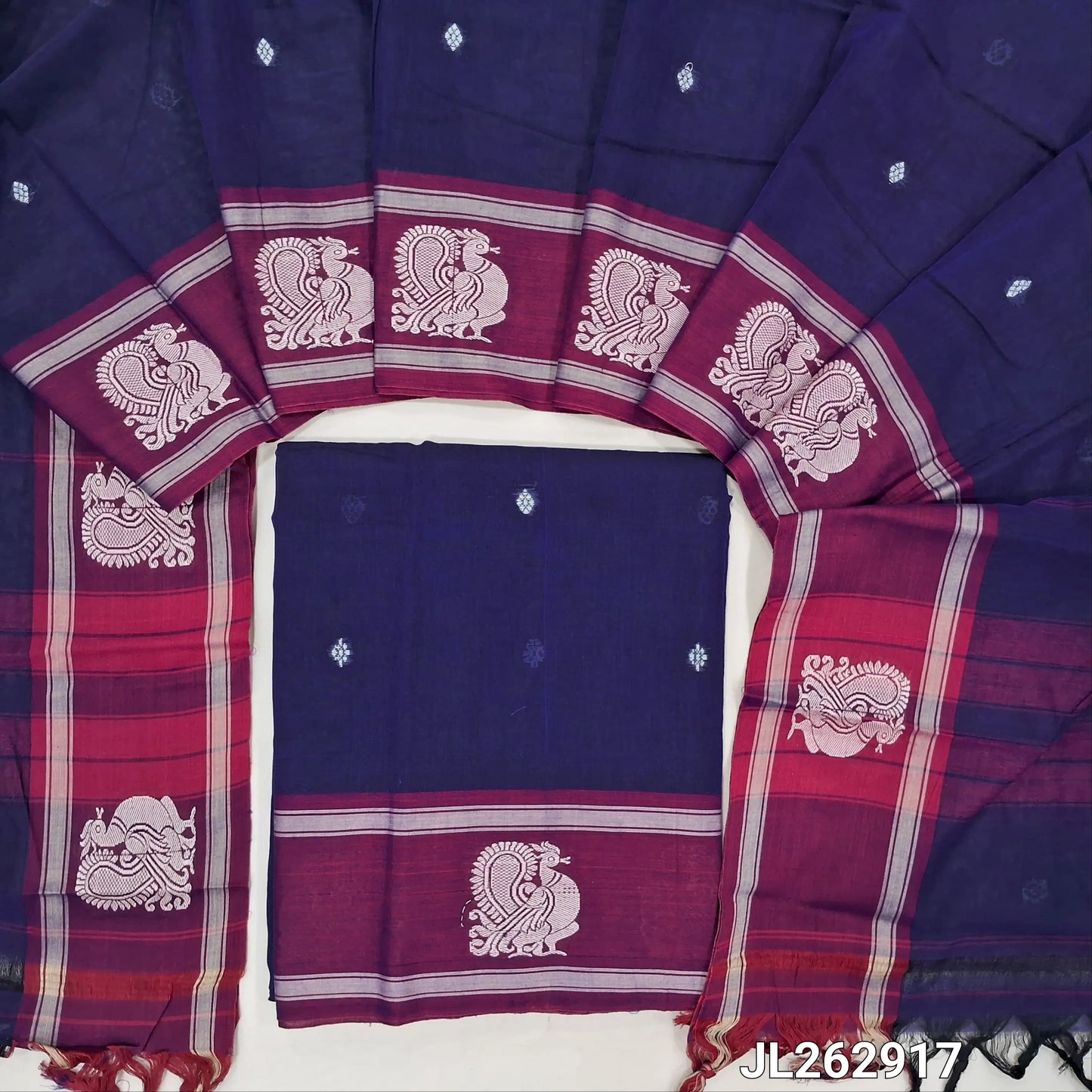 Purple mercerized handloom cotton unstitched salwar material,thread woven buttas on front, contrast thread weaving on daman, 4.5 metres,(Thin, Lining Needed)mercerized handloom cotton Full length dupatta with double side borders.JL262917