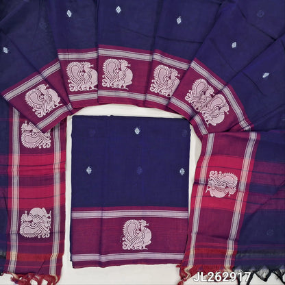 Purple mercerized handloom cotton unstitched salwar material,thread woven buttas on front, contrast thread weaving on daman, 4.5 metres,(Thin, Lining Needed)mercerized handloom cotton Full length dupatta with double side borders.JL262917
