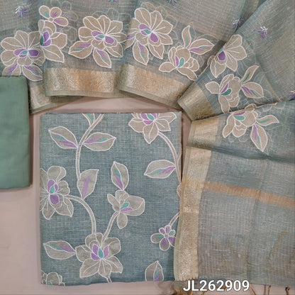 Ice blue golden tint premium tissue kota unstitched salwar material, applique work and thread embroidery on front, (lining needed)cotton/silk cotton bottom,embroidery on tissue kota dupatta with applique work and zari borders. JL262909