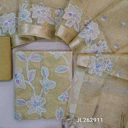 Pastel yellow golden tint premium tissue kota unstitched salwar material, applique work and thread embroidery on front, (lining needed)cotton/silk cotton bottom,embroidery on tissue kota dupatta with applique work and zari borders. JL262911