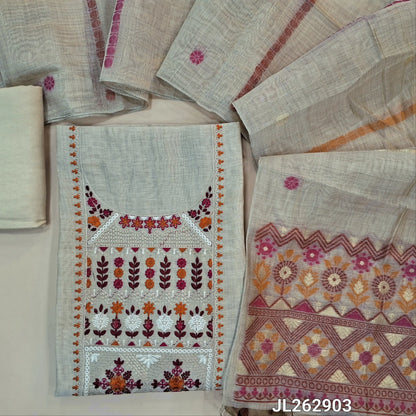Designer beige base silk cotton unstitched salwar material, thread embroidery on yoke,(ORANGE/MAROON) (lining needed) santoon bottom, jamdani woven silk cotton dupatta with pallu and handmade tassles. JL262903