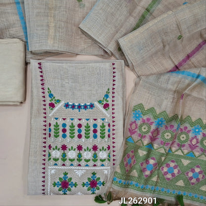 Designer beige base silk cotton unstitched salwar material, thread embroidery on yoke,(PINK/GREEN) (lining needed) santoon bottom, jamdani woven silk cotton dupatta with pallu and handmade tassles. JL262901