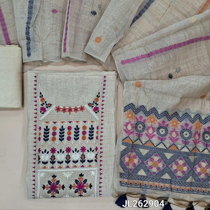 Designer beige base silk cotton unstitched salwar material, thread embroidery on yoke,(ORANGE/BLUE) (lining needed) santoon bottom, jamdani woven silk cotton dupatta with pallu and handmade tassles. JL262904