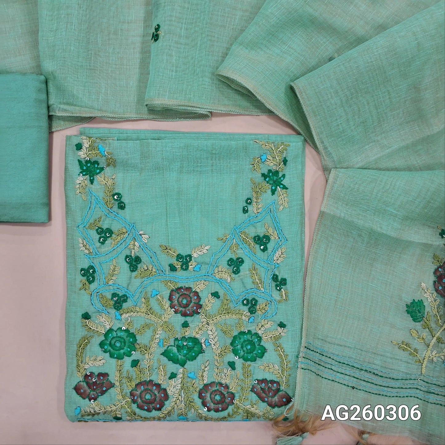 Pastel blue premium muga silk cotton unstitched salwar material,  rich hand embroidery work on yoke,embroidery on front,(lining needed)santoon bottom, hand embroidery work on muga silk cotton dupatta. AG260306