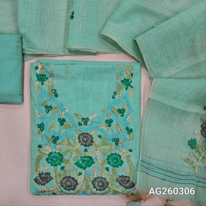 Pastel blue premium muga silk cotton unstitched salwar material,  rich hand embroidery work on yoke,embroidery on front,(lining needed)santoon bottom, hand embroidery work on muga silk cotton dupatta. AG260306