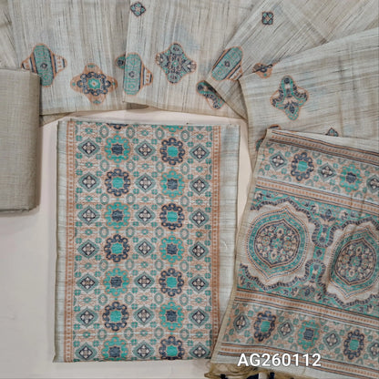 Rich beige jamdani woven premium tussar unstitched salwar material,thread woven buttas all over,BLUE,(lining needed)silk cotton bottom, jamdani woven full length tussar dupatta wIth hand made tassles and borders. AG260112