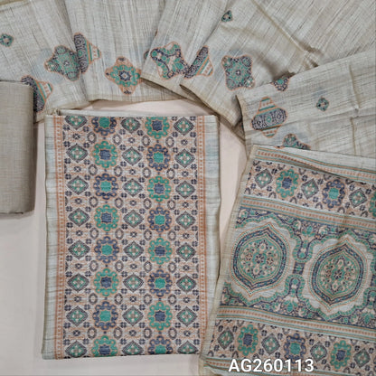 Rich beige jamdani woven premium tussar unstitched salwar material,thread woven buttas all overTURQUOISE GREEN,(lining needed)silk cotton bottom, jamdani woven full length tussar dupatta wIth hand made tassles and borders. AG260113