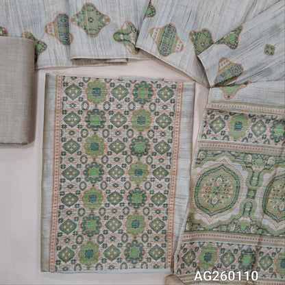 Rich beige jamdani woven premium tussar unstitched salwar material,thread woven buttas all over,GREEN,(lining needed)silk cotton bottom, jamdani woven full length tussar dupatta wIth hand made tassles and borders. AG260110