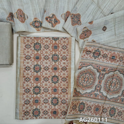 Rich beige jamdani woven premium tussar unstitched salwar material,thread woven buttas all over,MAROON,(lining needed)silk cotton bottom, jamdani woven full length tussar dupatta wIth hand made tassles and borders. AG260111