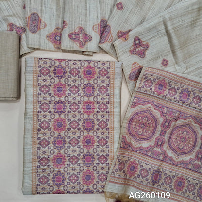 Rich beige jamdani woven premium tussar unstitched salwar material,thread woven buttas all over,PURPLE,(lining needed)silk cotton bottom, jamdani woven full length tussar dupatta wIth hand made tassles and borders. AG260109