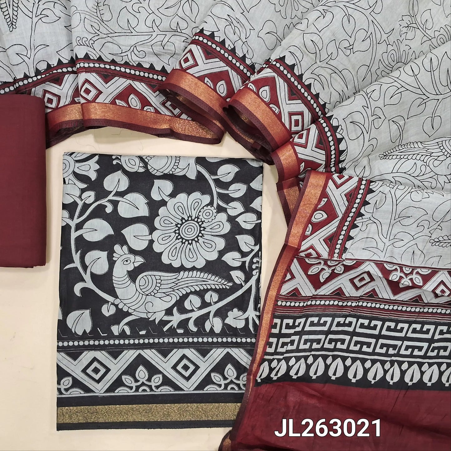Black kalamkari printed soft fancy silk cotton unstitched salwar material, printed all over (Soft, Lining Needed, Thin) maroon pure cotton bottom, digital printed soft silk cotton full length dupatta (TAPINGS NEEDED).JL263021