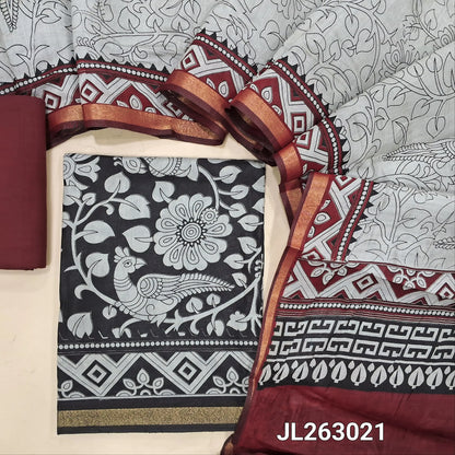 Black kalamkari printed soft fancy silk cotton unstitched salwar material, printed all over (Soft, Lining Needed, Thin) maroon pure cotton bottom, digital printed soft silk cotton full length dupatta (TAPINGS NEEDED).JL263021