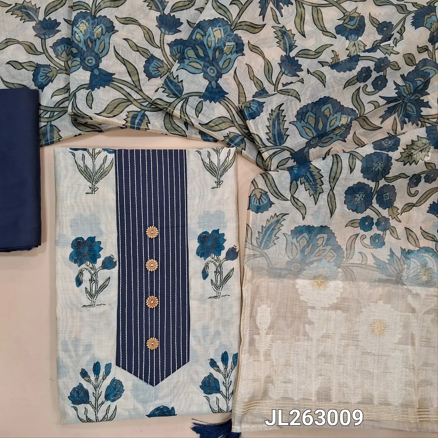 Off white base printed chanderi silk cotton unstitched salwar material,stitch work and buttons on yoke,(lining needed)blue silk cotton bottom, digital printed silk cotton dupatta with jamdani weaving pallu. JL263009