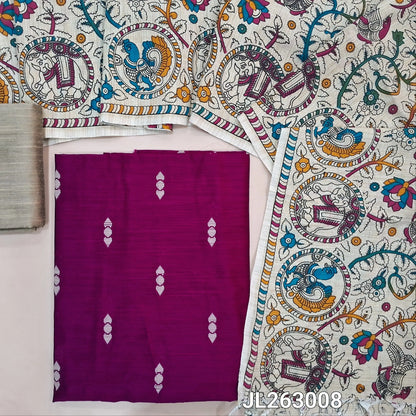 Rani pink slub silk cotton unstitched salwar material, thread woven buttas all over,(textured,lining needed)beige silk cotton bottom, kalamkari printed jute cotton dupatta. JL263008