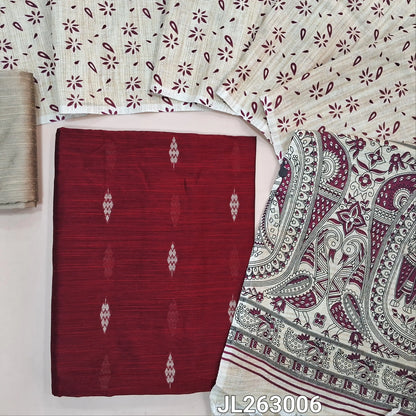 Reddish maroon slub silk cotton unstitched salwar material, thread woven buttas all over,(textured,lining needed)beige silk cotton bottom, madhubani printed jute cotton dupatta. JL263006