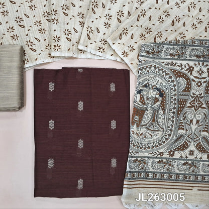 Coffee brown slub silk cotton unstitched salwar material, thread woven buttas all over,(textured,lining needed)beige silk cotton bottom, madhubani printed jute cotton dupatta. JL263005