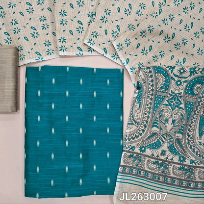Turquoise blue slub silk cotton unstitched salwar material, thread woven buttas all over,(textured,lining needed)beige silk cotton bottom, madhubani printed jute cotton dupatta. JL263007