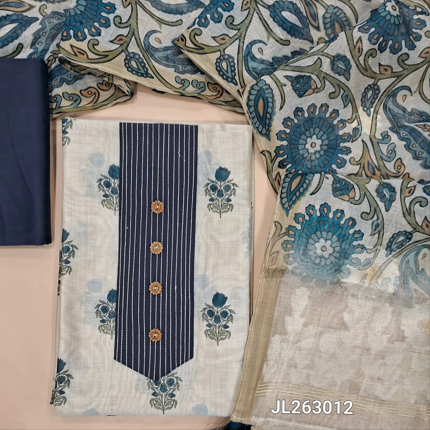 Off white base printed chanderi silk cotton unstitched salwar material,stitch work and buttons on yoke,(lining needed)blue silk cotton bottom, digital printed silk cotton dupatta with jamdani weaving pallu. JL263012