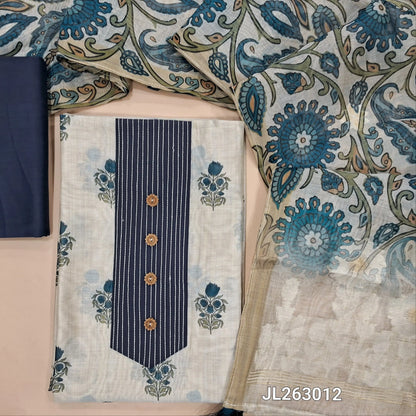 Off white base printed chanderi silk cotton unstitched salwar material,stitch work and buttons on yoke,(lining needed)blue silk cotton bottom, digital printed silk cotton dupatta with jamdani weaving pallu. JL263012