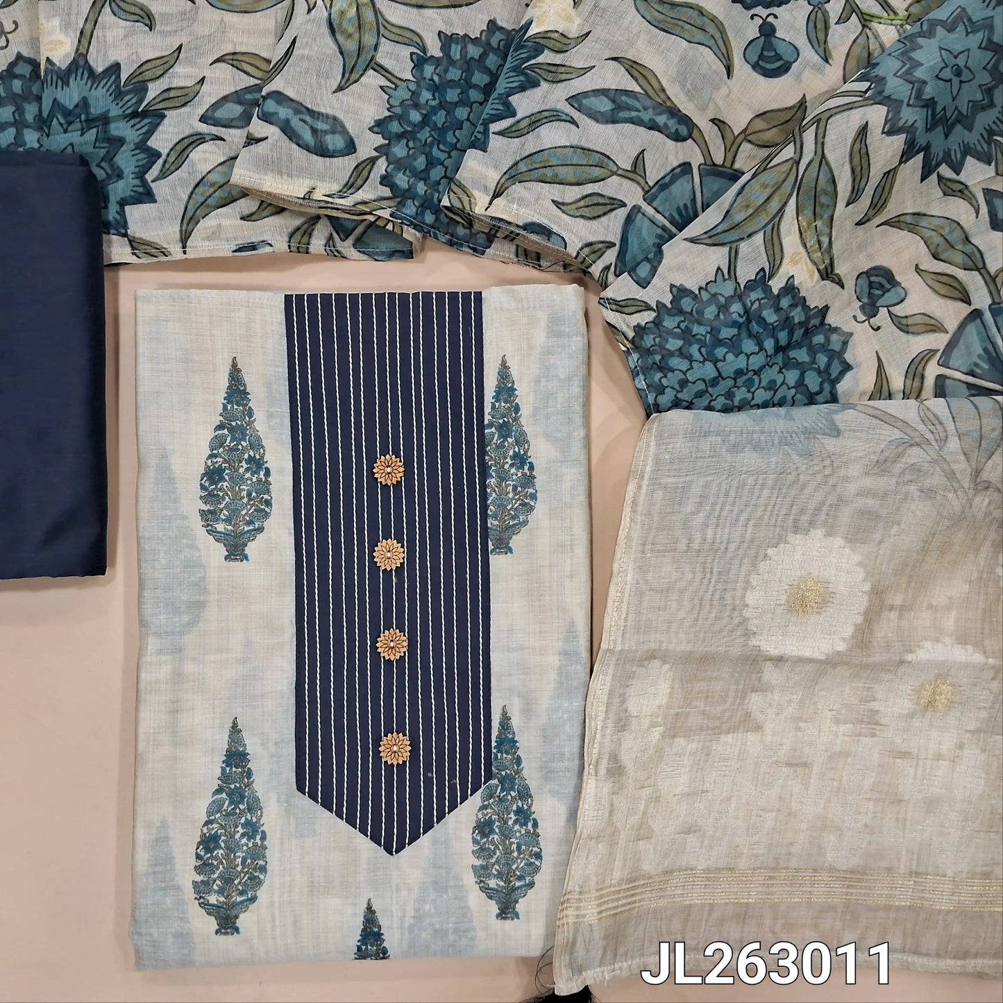 Off white base printed chanderi silk cotton unstitched salwar material,stitch work and buttons on yoke,(lining needed)blue silk cotton bottom, digital printed silk cotton dupatta with jamdani weaving pallu. JL263011