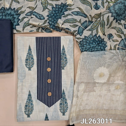 Off white base printed chanderi silk cotton unstitched salwar material,stitch work and buttons on yoke,(lining needed)blue silk cotton bottom, digital printed silk cotton dupatta with jamdani weaving pallu. JL263011