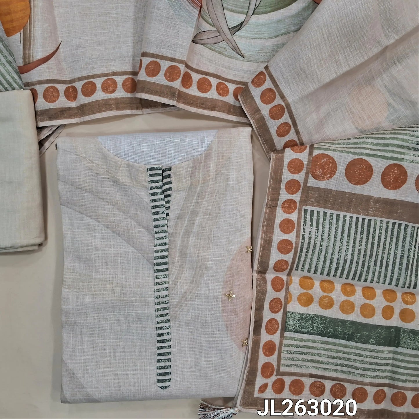 Rich beige pure linen unstitched salwar material,bead work on yoke,printed daman with sequins, zarodzi and cut bead,(lining needed)cotton fabric for lining , NO BOTTOM,digital printed linen dupatta. JL263020