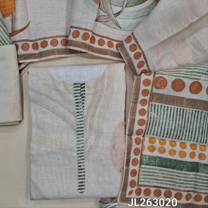 Rich beige pure linen unstitched salwar material,bead work on yoke,printed daman with sequins, zarodzi and cut bead,(lining needed)cotton fabric for lining , NO BOTTOM,digital printed linen dupatta. JL263020