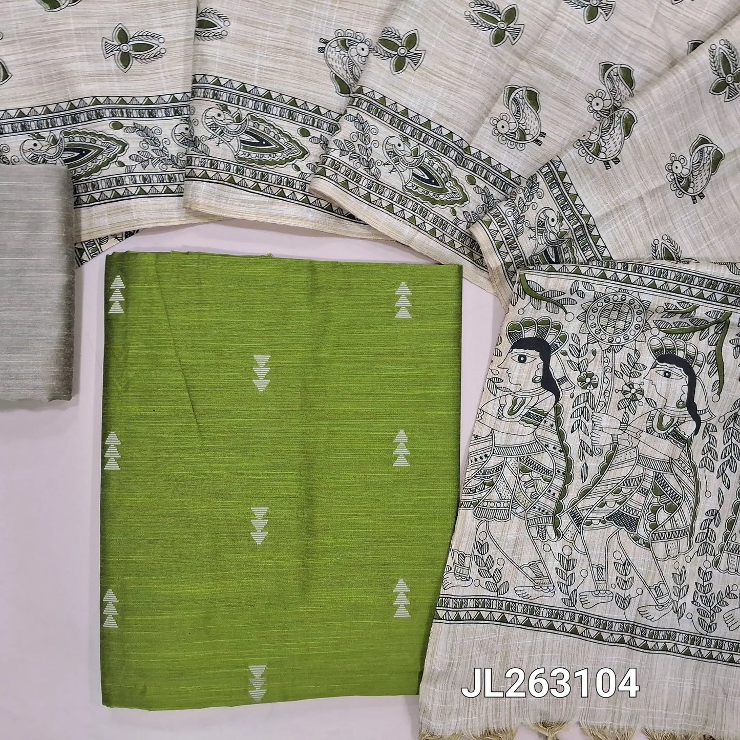 Leafy green slub silk cotton unstitched salwar material, thread woven buttas all over,(textured,lining needed)beige silk cotton bottom, madhubani printed jute cotton dupatta. JL263104