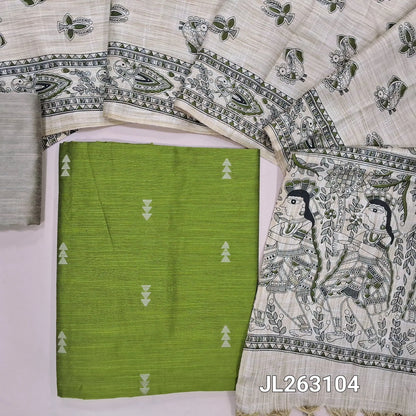 Leafy green slub silk cotton unstitched salwar material, thread woven buttas all over,(textured,lining needed)beige silk cotton bottom, madhubani printed jute cotton dupatta. JL263104
