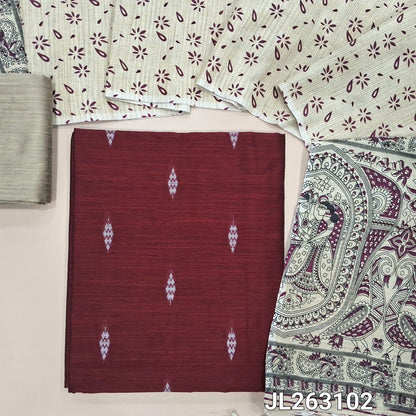 Dark maroon slub silk cotton unstitched salwar material, thread woven buttas all over,(textured,lining needed)beige silk cotton bottom, madhubani printed jute cotton dupatta. JL263102