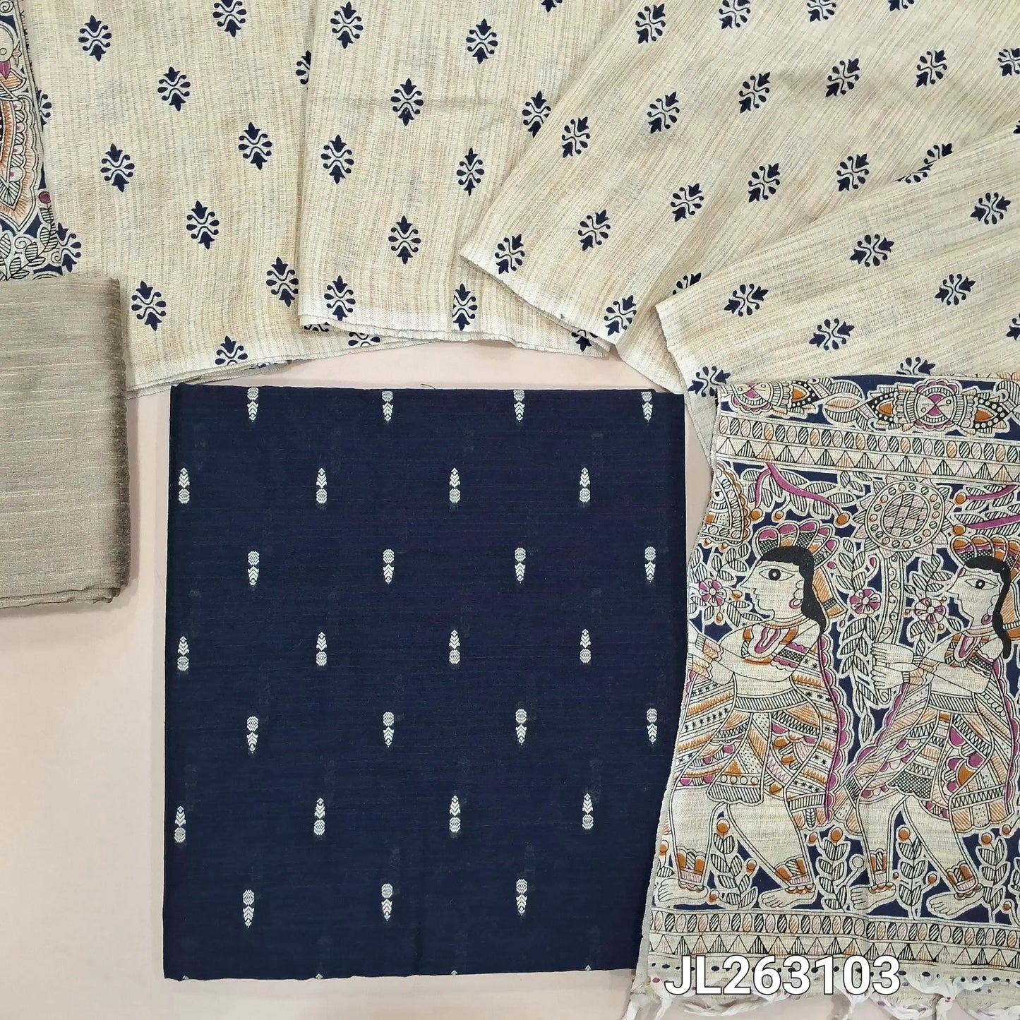 Dark blue slub silk cotton unstitched salwar material, thread woven buttas all over,(textured,lining needed)beige silk cotton bottom, madhubani printed jute cotton dupatta. JL263103