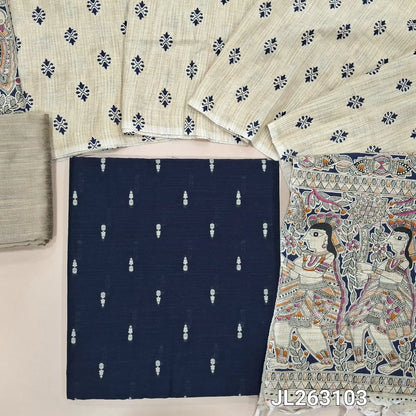 Dark blue slub silk cotton unstitched salwar material, thread woven buttas all over,(textured,lining needed)beige silk cotton bottom, madhubani printed jute cotton dupatta. JL263103