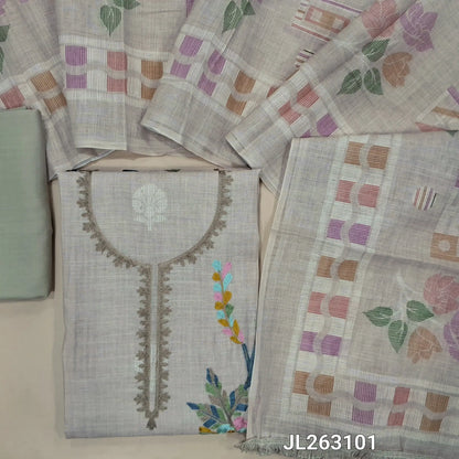 Rich beige semi linen unstitched salwar material,thread embroidery work on yoke,printed and thread embroidery work all over(lining needed)spun cotton bottom,digital printed semi linen dupatta with tasselled tapping. JL263101