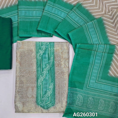 Rich golden beige with golden tint printed tissue silk cotton unstitched salwar material,(lining needed)teal green silk cotton bottom, zig zag printed tissue silk cotton dupatta with contrast borders. AG260301