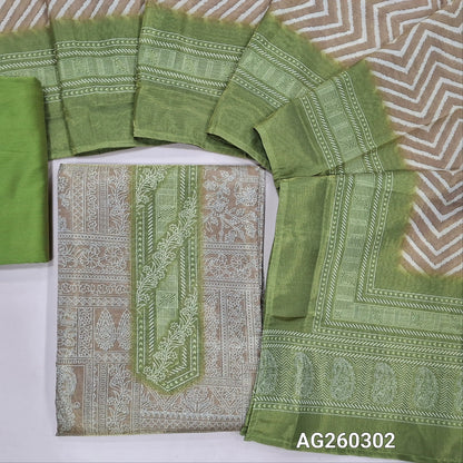 Rich golden beige with golden tint printed tissue silk cotton unstitched salwar material,(lining needed)light green silk cotton bottom, zig zag printed tissue silk cotton dupatta with contrast borders. AG260302