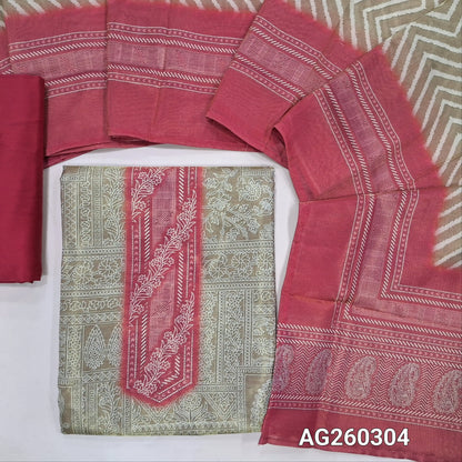Rich golden beige with golden tint printed tissue silk cotton unstitched salwar material,(lining needed)bright pink silk cotton bottom, zig zag printed tissue silk cotton dupatta with contrast borders. AG260304