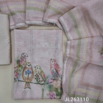 Light peachish pink semi linen unstitched salwar material, bird printed with sugar bead and cut bead work on yoke, floral and bead work on daman,(lining needed)spun cotton bottom, digital printed semi linen dupatta with lace tapping. JL263110