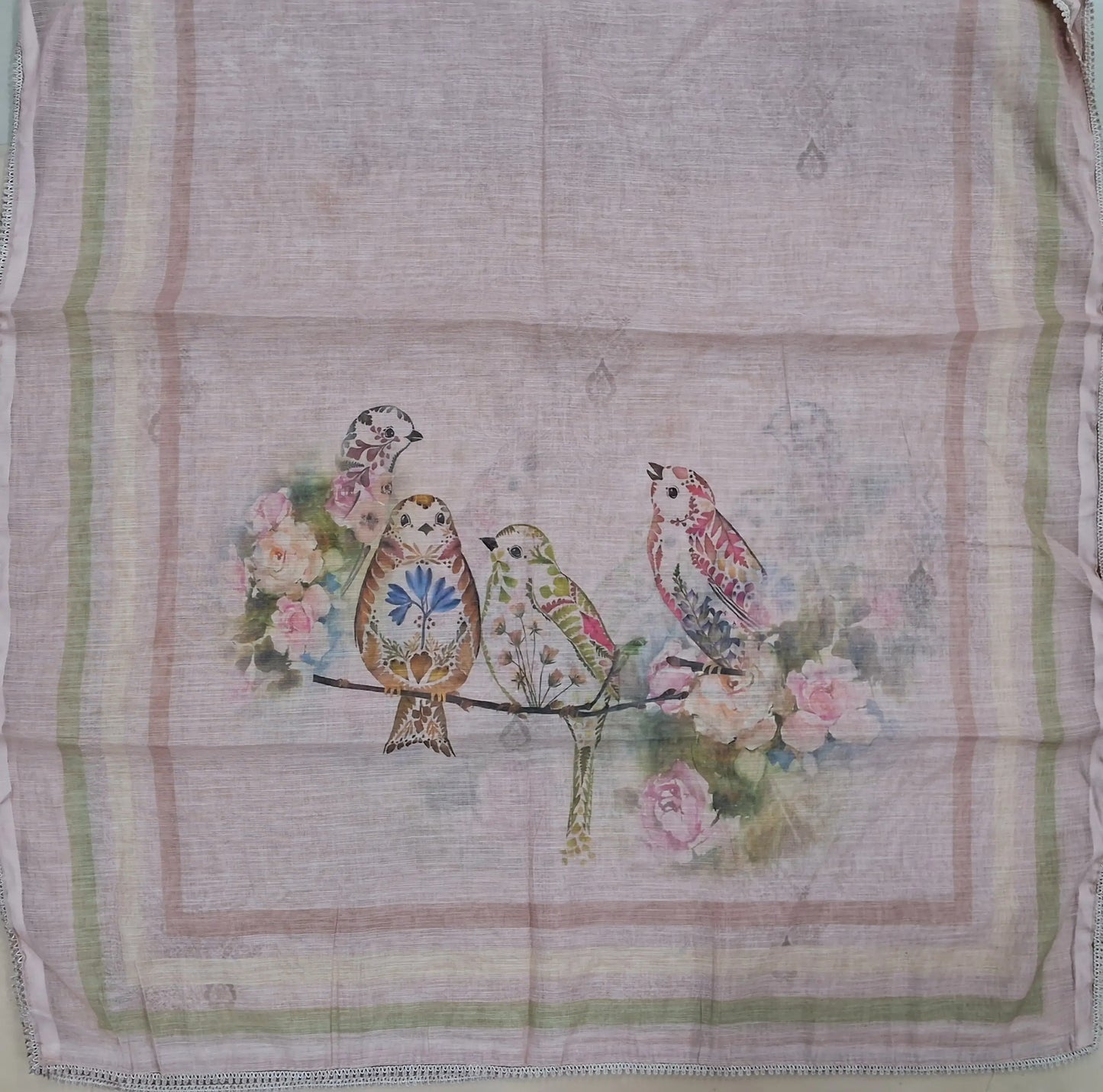 Light peachish pink semi linen unstitched salwar material, bird printed with sugar bead and cut bead work on yoke, floral and bead work on daman,(lining needed)spun cotton bottom, digital printed semi linen dupatta with lace tapping. JL263110
