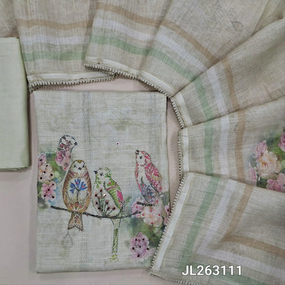 Rich beige semi linen unstitched salwar material, bird printed with sugar bead and cut bead work on yoke, floral and bead work on daman,(lining needed)spun cotton bottom, digital printed semi linen dupatta with lace tapping. JL263111