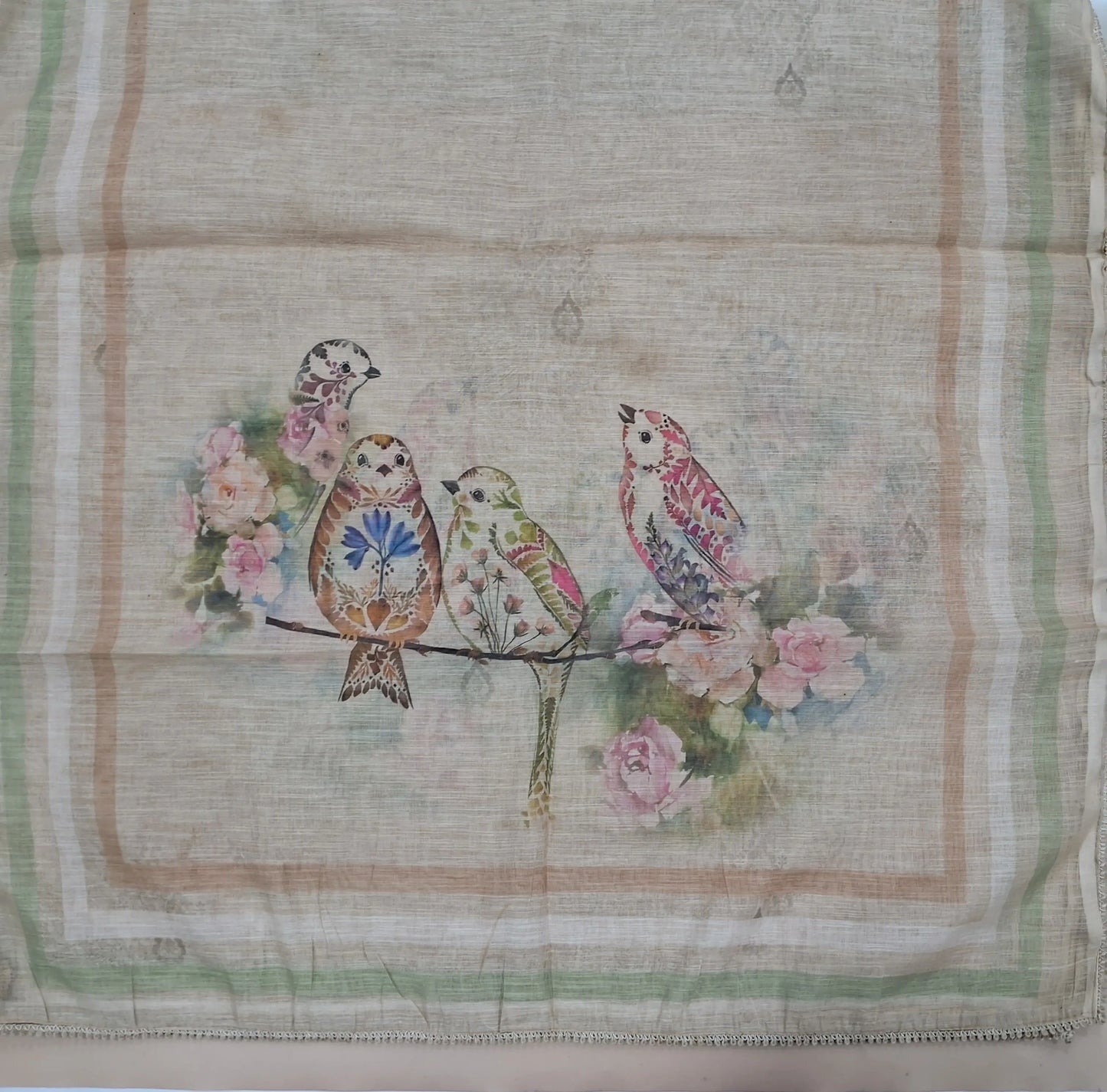 Rich beige semi linen unstitched salwar material, bird printed with sugar bead and cut bead work on yoke, floral and bead work on daman,(lining needed)spun cotton bottom, digital printed semi linen dupatta with lace tapping. JL263111