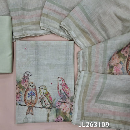 Pastel green semi linen unstitched salwar material, bird printed with sugar bead and cut bead work on yoke, floral and bead work on daman,(lining needed)spun cotton bottom, digital printed semi linen dupatta with lace tapping. JL263109